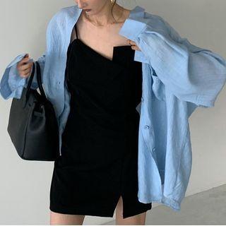 Plain Shirt Jacket / Spaghetti Strap Irregular Mini A-line Dress