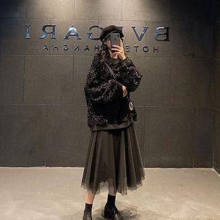 Glitter Pullover / A-line Midi Mesh Skirt