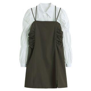 Crinkled Spaghetti-strap Dress / Puff Long-sleeve Shirt