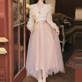 Set:ruffled Lace Blouse + Mesh Maxi A-line Skirt