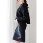 Set: Round-neck Slit-side Top + Band-waist Skirt