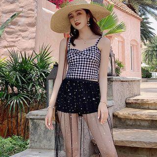 Set: Spaghetti Strap Plaid Swim Top + Bottom + Mesh Cover Up