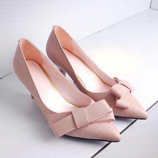 Genuine-leather Kitten Heel Bow-accent Pumps