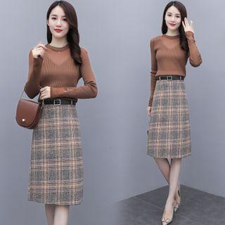 Mesh Panel Long-sleeve Knit Top / Plaid Straight-fit Skirt