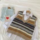 Color-block V-neck Knit Vest Khaki - One Size