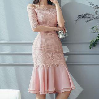 Cold-shoulder Elbow-sleeve Ruffle Hem Midi Dress