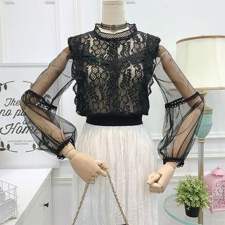 Mesh-sleeved Cropped Lace Blouse