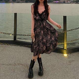 Long-sleeve High-neck Plain T-shirt / Lace Strappy Midi Dress