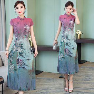 Print Cap-sleeve Midi A-line Qipao
