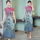 Print Cap-sleeve Midi A-line Qipao