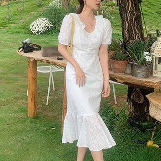 Short-sleeve Collared Plain Mermaid Dress