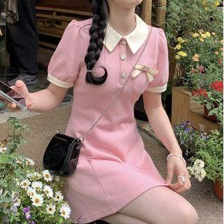 Puff-sleeve Polo Neck Mini A-line Dress Pink - One Size