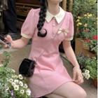 Puff-sleeve Polo Neck Mini A-line Dress Pink - One Size