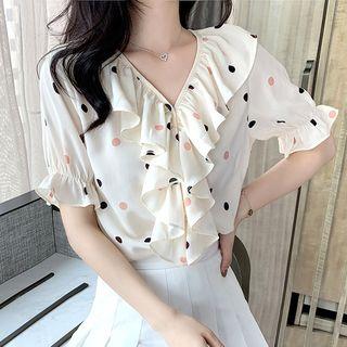 Dotted Short-sleeve Ruffle Chiffon Blouse