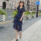 Floral Print Short-sleeve Tiered A-line Dress