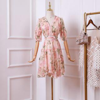 Elbow-sleeve Floral Chiffon Frill Trim A-line Dress
