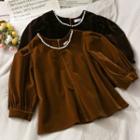 Pearl-neckline Puff-sleeve Velvet Crop Top