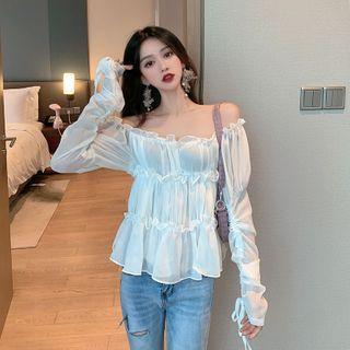 Long-sleeve Tie Accent Ruffled Blouse White - One Size