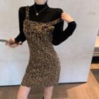 Spaghetti Strap Leopard Print Mini A-line Dress / Mock-neck Top