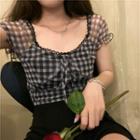 Short-sleeve Tie Neck Frill Trim Plaid Cropped Blouse As Shown In Figure - One Size