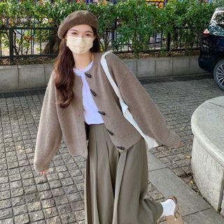 Toggle-front Cardigan / Pleated Midi A-line Skirt