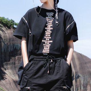 Short-sleeve Zip Letter T-shirt Black - One Size
