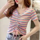 Short-sleeve Drawstring Striped Knit Top