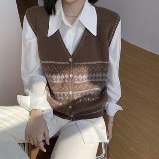 V-neck Printed Button-up Cropped Vest