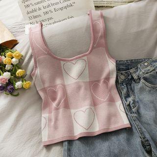 Printed Heart Plaid Knit Tank Top Pink - One Size