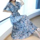 Elbow-sleeve Floral Print Maxi A-line Chiffon Dress