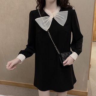 Plain Crewneck Loose-fit Long-sleeve Dress Black - One Size
