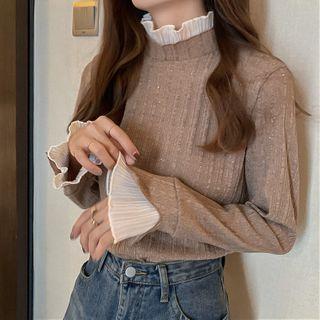Ruffled Long-sleeve Velvet Top