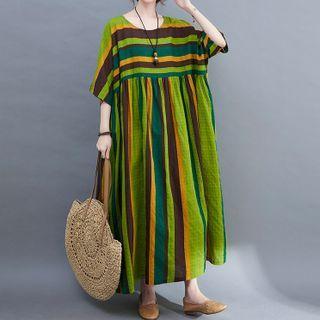Striped Maxi A-line Dress Stripes - Green - One Size