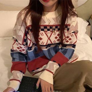 Printed Sweater White & Blue & Red - One Size
