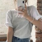 Mock Two-piece Elbow-sleeve Striped Cropped T-shirt White - One Size
