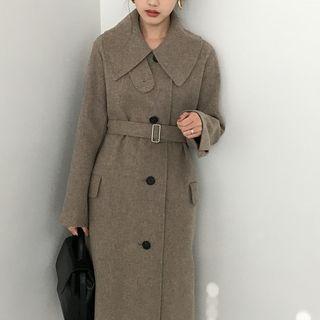 Tie Waist Single-breasted Long Coat Oatmeal - 55