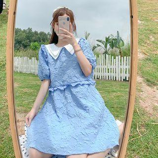 Short-sleeve Textured Wide-collar A-line Mini Dress