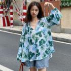 Lantern-sleeve Floral Top Green - One Size