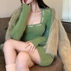 Long-sleeve Square Neck Knit Mini Sheath Dress / Fluffy Cropped Jacket