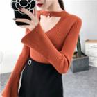 Bell-sleeve Cutout Faux-pearl Knit Top
