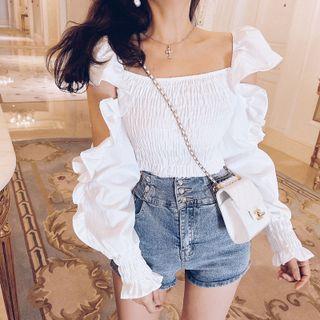 Long-sleeve Cold Shoulder Shirred Top