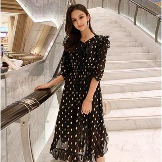 Frilled Bronzing Elbow-sleeve Chiffon Dress