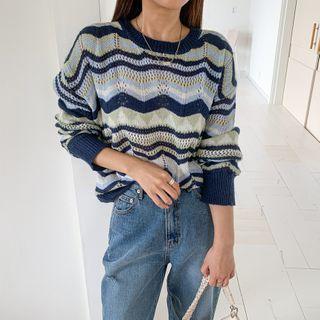 Drop-shoulder Zigzag Patterned Knit Top