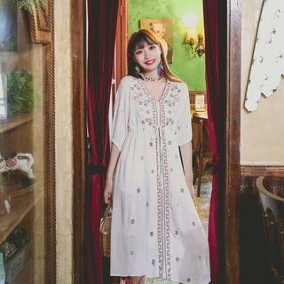 Elbow-sleeve Flower Embroidered Drawstring Midi A-line Dress