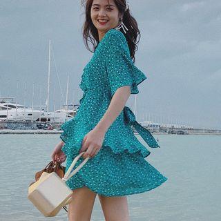 Short-sleeve Floral Mini Chiffon Dress