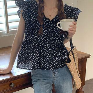 Cap-sleeve Floral Print Blouse White Floral - Black - One Size