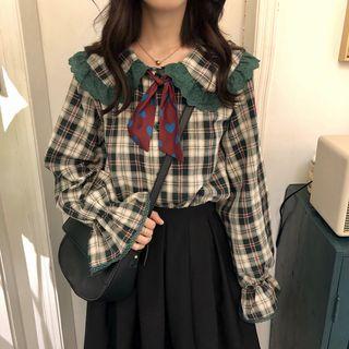Lace-hem Collar Plaid Blouse