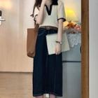 Short-sleeve Polo Knit Top / Midi A-line Denim Skirt / Set
