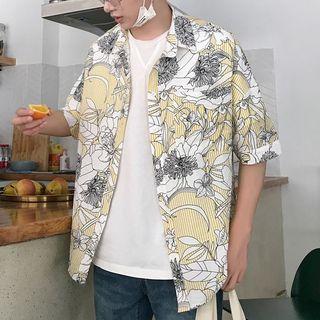 Elbow-sleeve Striped Floral Shirt