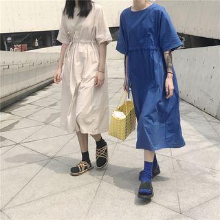 Drawstring Waist Short-sleeve A-line Midi Dress